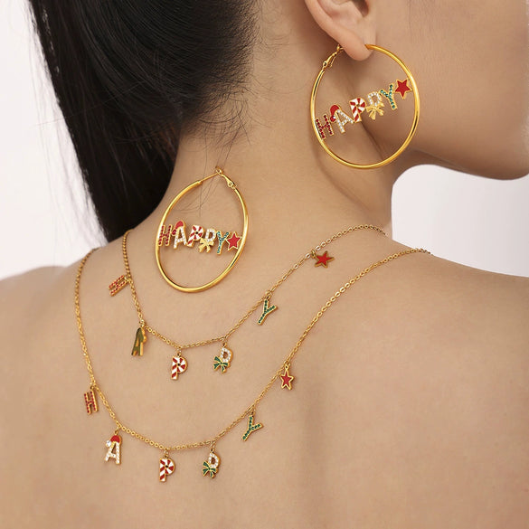 Women’s Titanium Steel Jewelry Set With Enamel Glaze Earrings Necklace And Bracelet Simple Electroplated Design