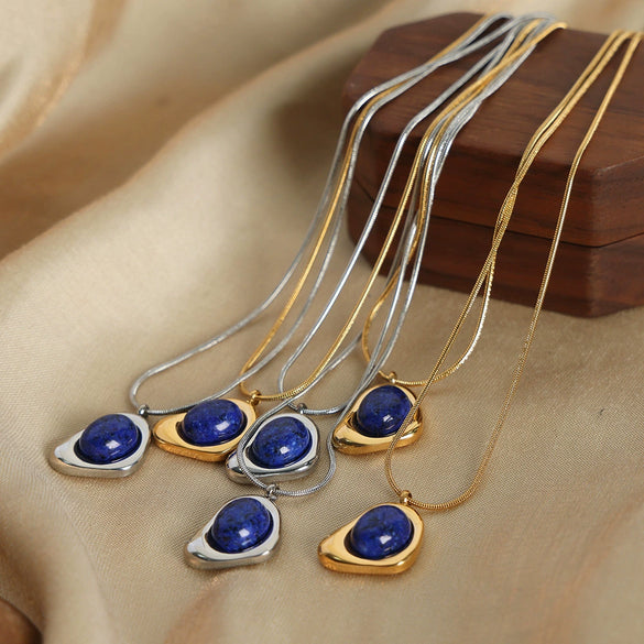 Women's Titanium Steel Jewelry Set With French Arc Triangle Earrings And Pendant Necklace Inlaid With Natural Stone And Electroplating Design