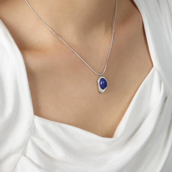 Women's Titanium Steel Jewelry Set With French Arc Triangle Earrings And Pendant Necklace Inlaid With Natural Stone And Electroplating Design