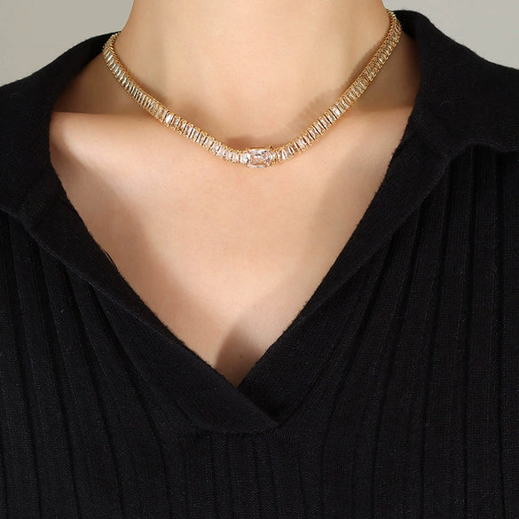 Women's Titanium Steel Jewelry Set With Geometric Design Electroplated Multicolor Necklace And Bracelet With Full Drill Chain