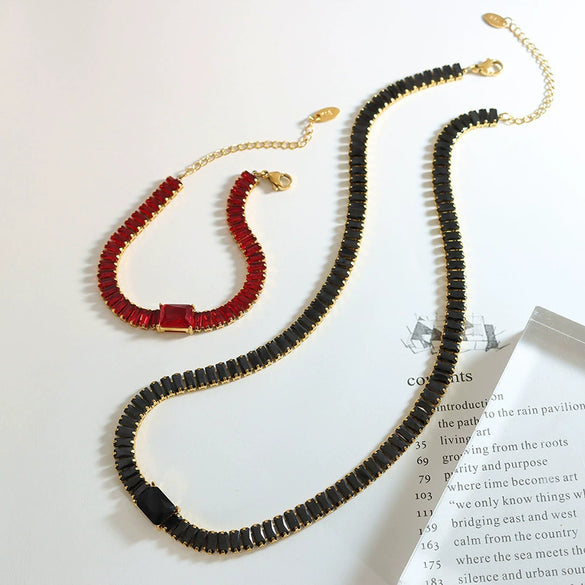Women's Titanium Steel Jewelry Set With Geometric Design Electroplated Multicolor Necklace And Bracelet With Full Drill Chain