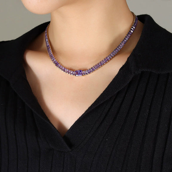 Women's Titanium Steel Jewelry Set With Geometric Design Electroplated Multicolor Necklace And Bracelet With Full Drill Chain