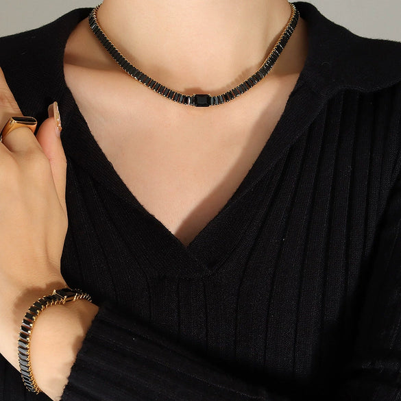 Women's Titanium Steel Jewelry Set With Geometric Design Electroplated Multicolor Necklace And Bracelet With Full Drill Chain