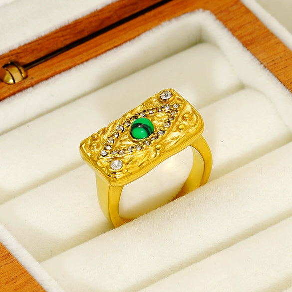 Women's Titanium Steel 18K Gold Inlaid Zircon Green Malachite Lava Square Devil's Eye Jewelry Electroplated
