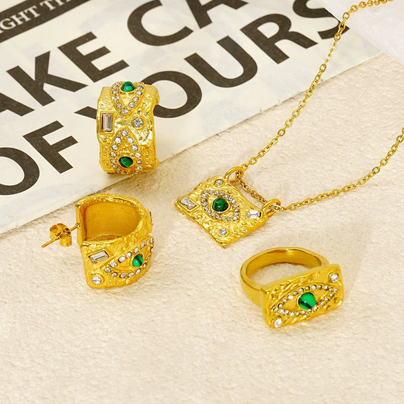 Women's Titanium Steel 18K Gold Inlaid Zircon Green Malachite Lava Square Devil's Eye Jewelry Electroplated