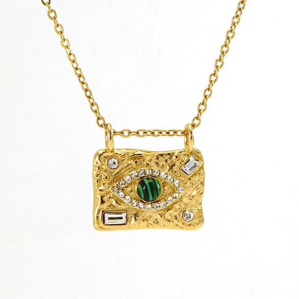 Women's Titanium Steel 18K Gold Inlaid Zircon Green Malachite Lava Square Devil's Eye Jewelry Electroplated