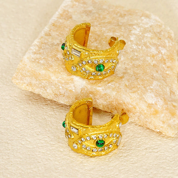 Women's Titanium Steel 18K Gold Inlaid Zircon Green Malachite Lava Square Devil's Eye Jewelry Electroplated