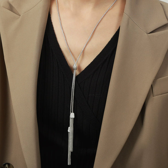 Women's 316L Stainless Steel 18K Gold Plated Diamond Tassel Woolen Chain Necklace With Geometric Design