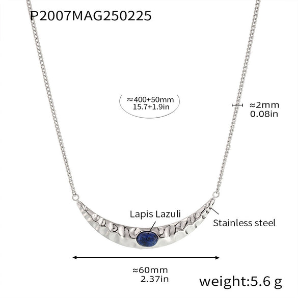Women's Titanium Steel Lapis Lazuli Geometric Crescentshaped Electroplated Doublelayer Stacked Necklace And Imitation Pearl Earrings Combination