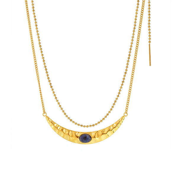 Women's Titanium Steel Lapis Lazuli Geometric Crescentshaped Electroplated Doublelayer Stacked Necklace And Imitation Pearl Earrings Combination