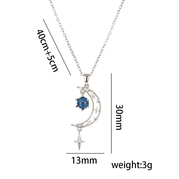 Women's Titanium Steel Light Luxury Blue Star Moon Niche Zircon Necklace With Electroplating Ochain