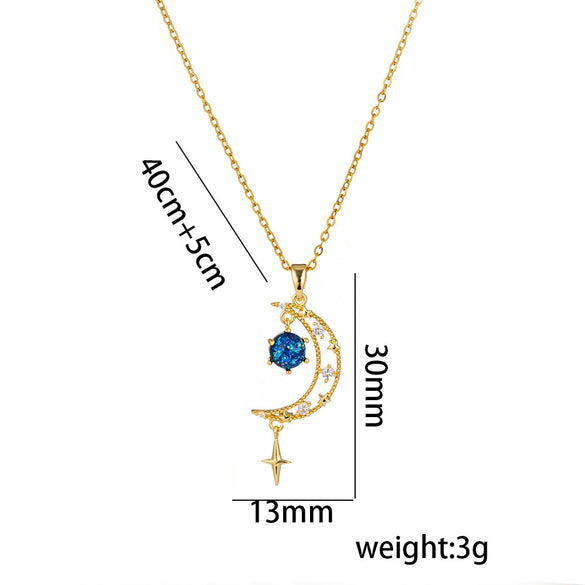 Women's Titanium Steel Light Luxury Blue Star Moon Niche Zircon Necklace With Electroplating Ochain