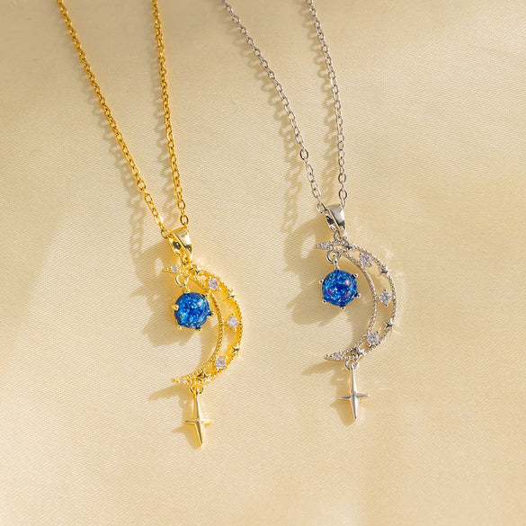 Women's Titanium Steel Light Luxury Blue Star Moon Niche Zircon Necklace With Electroplating Ochain