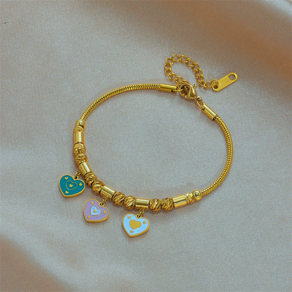 Women's Titanium Steel Love Pendant Beaded Bracelet With Threecolor Pattern And Electroplating Treatment
