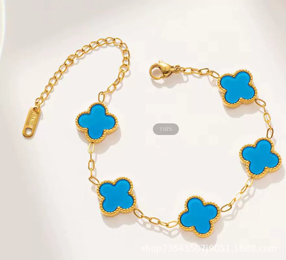 Women's Titanium Steel Lucky Four Leaf Clover Inlay Bracelet Necklace Jewelry