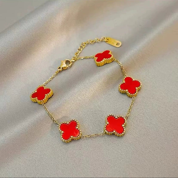 Women's Titanium Steel Lucky Four Leaf Clover Inlay Bracelet Necklace Jewelry