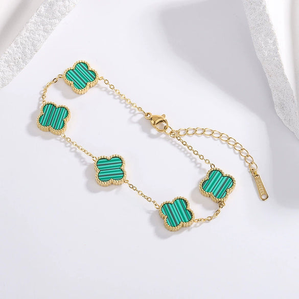 Women's Titanium Steel Lucky Four Leaf Clover Inlay Bracelet Necklace Jewelry