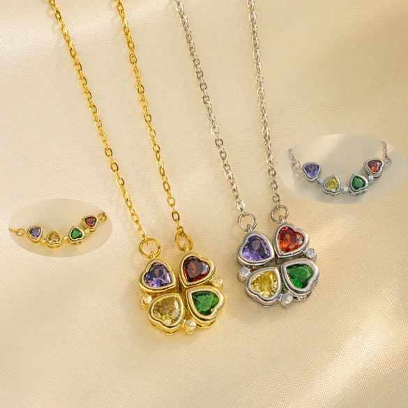 Women's Titanium Steel Micro Inlay Diamond Openable Four Leaf Clover Pendant Necklace With Water Wave Chain