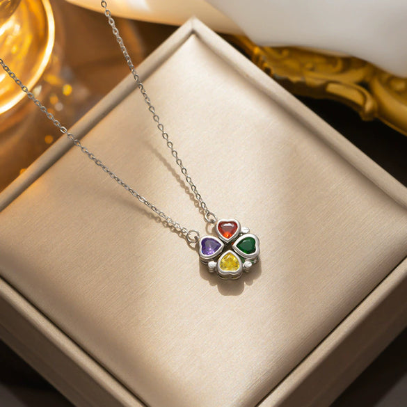 Women's Titanium Steel Micro Inlay Diamond Openable Four Leaf Clover Pendant Necklace With Water Wave Chain