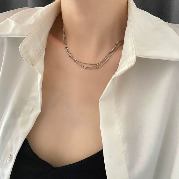 Women's Titanium Steel Multilayer Clavicle Chain With Geometric Design And Polishing Treatment
