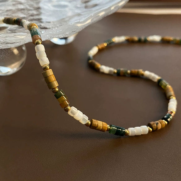 Women's Titanium Steel Natural Stone Beaded Handmade Geometric Retro Light Luxury Style Necklace