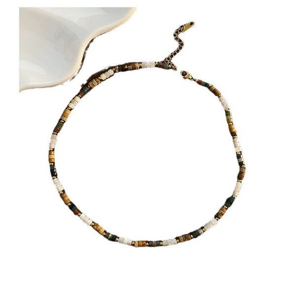 Women's Titanium Steel Natural Stone Beaded Handmade Geometric Retro Light Luxury Style Necklace