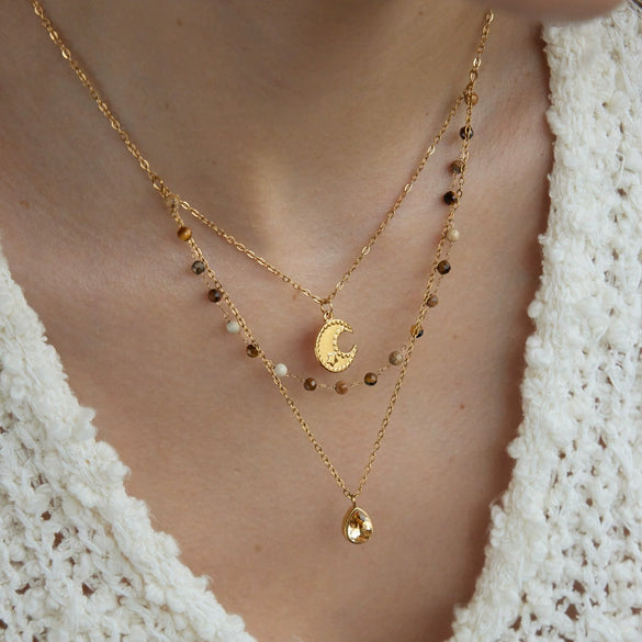 Women's Titanium Steel Natural Stone Beaded Multilayer Necklace With Geometric Design And Pvd Goldplated Stainless Steel Details