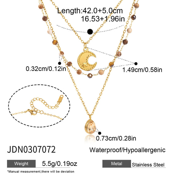 Women's Titanium Steel Natural Stone Beaded Multilayer Necklace With Geometric Design And Pvd Goldplated Stainless Steel Details