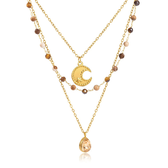 Women's Titanium Steel Natural Stone Beaded Multilayer Necklace With Geometric Design And Pvd Goldplated Stainless Steel Details