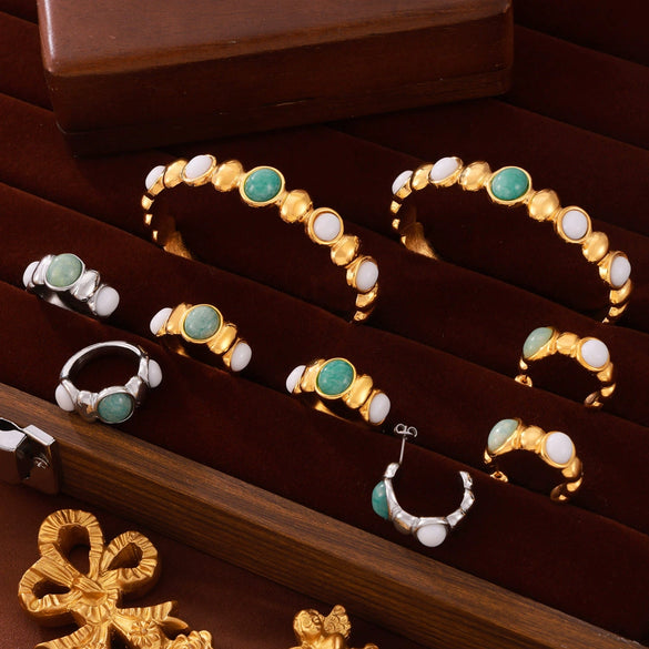 Women's Titanium Steel Natural Stone Open Bracelet Earrings Ring Set With Gold Plated And Geometric Design