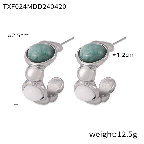 Women's Titanium Steel Natural Stone Open Bracelet Earrings Ring Set With Gold Plated And Geometric Design