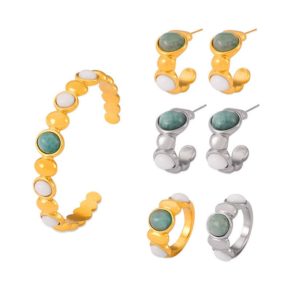 Women's Titanium Steel Natural Stone Open Bracelet Earrings Ring Set With Gold Plated And Geometric Design
