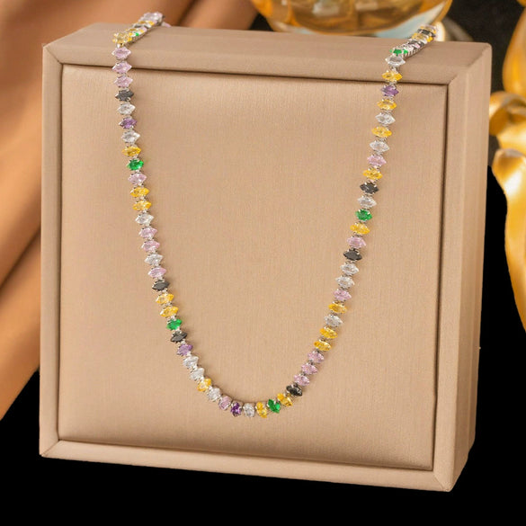 Women's Titanium Steel Necklace And Bracelet Jewelry Set With Colorful Zircon Geometric Design Electroplated Light Luxury Fashion Accessories