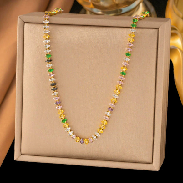 Women's Titanium Steel Necklace And Bracelet Jewelry Set With Colorful Zircon Geometric Design Electroplated Light Luxury Fashion Accessories