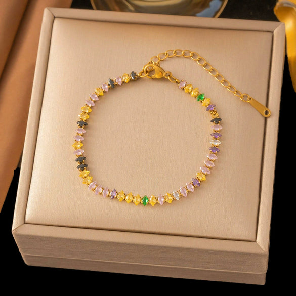 Women's Titanium Steel Necklace And Bracelet Jewelry Set With Colorful Zircon Geometric Design Electroplated Light Luxury Fashion Accessories