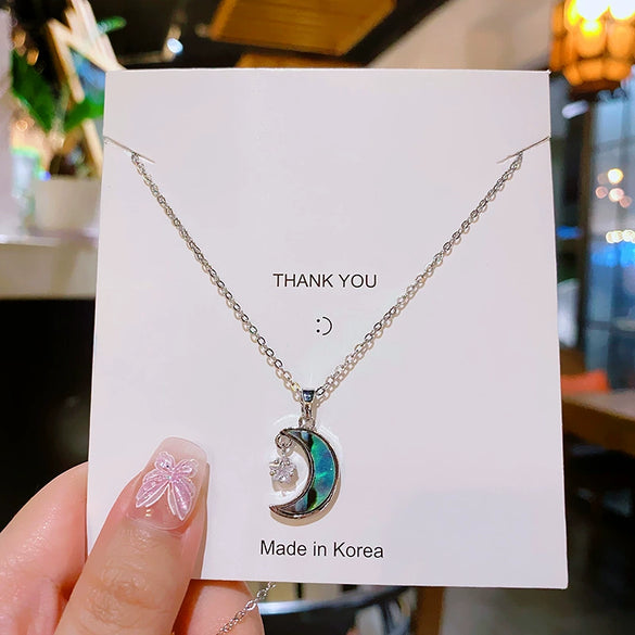 Women's Titanium Steel Necklace With Abalone Shellfish Noodles Star Moon Pendant Light Luxury Style Electroplated Copper Pendant Cross Chain