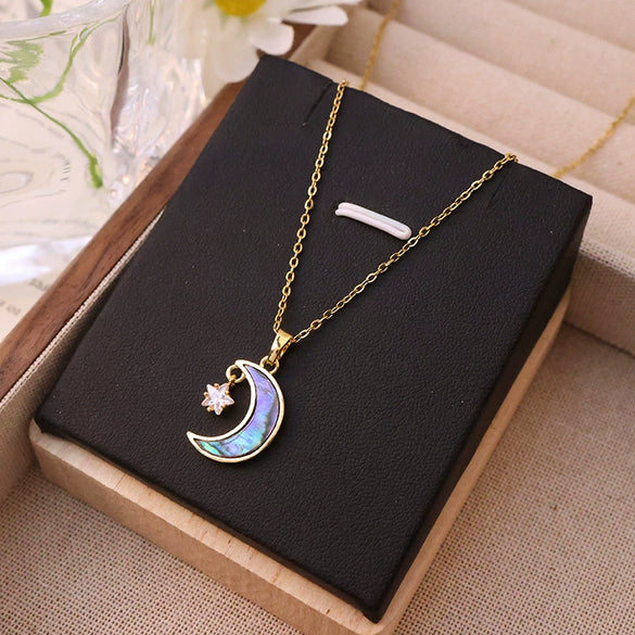 Women's Titanium Steel Necklace With Abalone Shellfish Noodles Star Moon Pendant Light Luxury Style Electroplated Copper Pendant Cross Chain