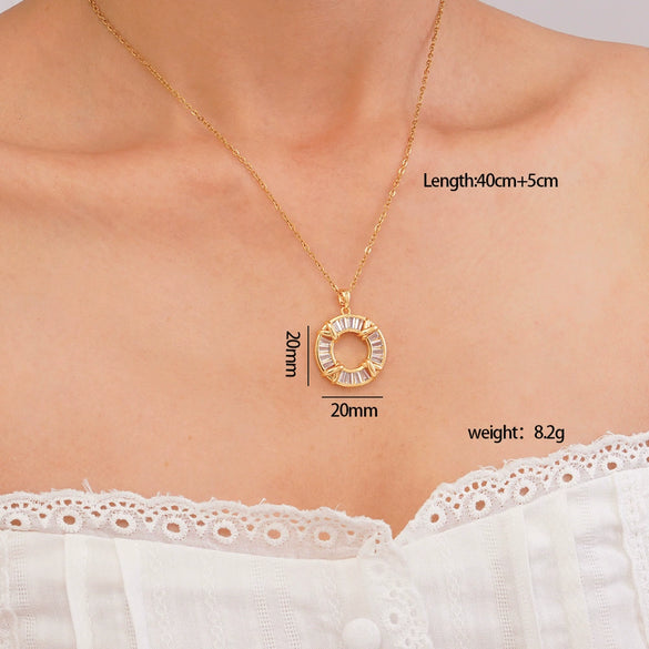 Women's Titanium Steel Necklace With Colorful Zircon Donut Pendant Copper Electroplating Geometric Pattern Light Luxury Style