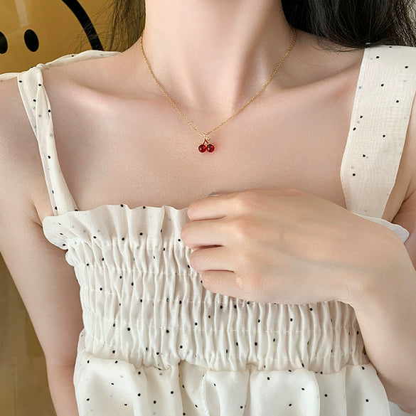 Women's Titanium Steel Necklace With Copper Pendant Geometric Pattern And Diamond Treatment Cherry Design Cross Chain