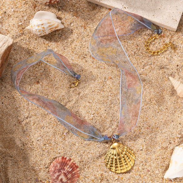 Women's Titanium Steel Necklace With 18K Gold Shell Heart Pendant And Colorful Silk Scarf Niche Design Ins Style