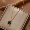 Women's Titanium Steel Necklace With 18K Rose Gold Diamondencrusted Fourleaf Clover Pendant And Black Shell Clavicle Chain Leaves Pattern Light Luxury Style