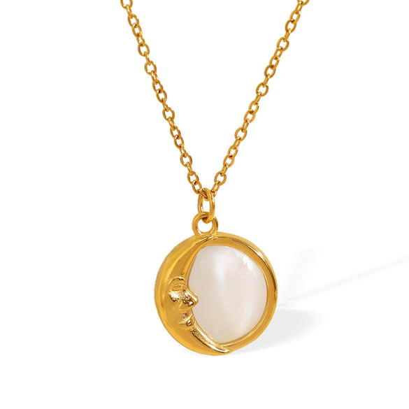 Women's 316L Stainless Steel Necklace With Natural White Fritillaria Star Moon Round Pendant And Electroplating Design