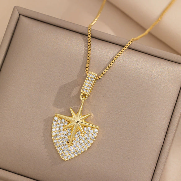 Women's Titanium Steel Necklace With Shield Love Design And Diamond Treatment Box Chain Style