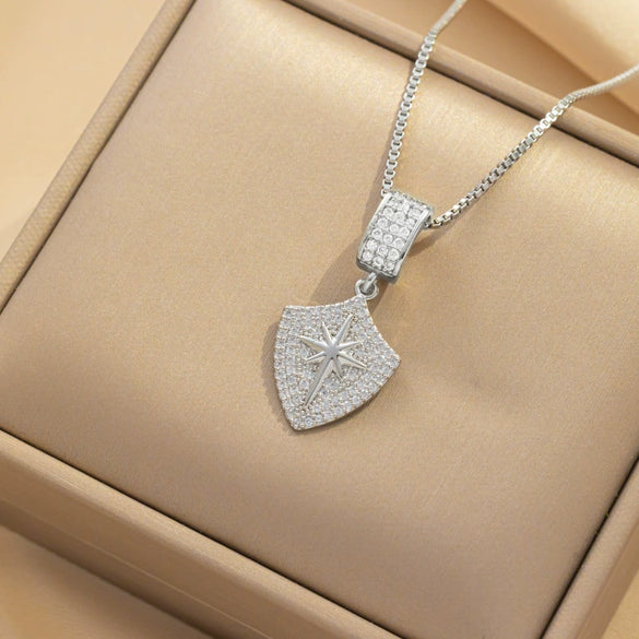 Women's Titanium Steel Necklace With Shield Love Design And Diamond Treatment Box Chain Style