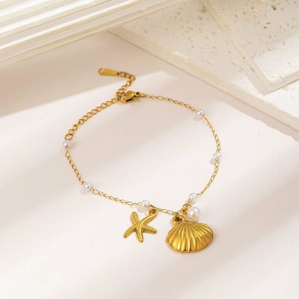 Women's Titanium Steel Ocean Life Starfish Shell Jewelry Set With 18K Gold Plated Electroplating And O Chain
