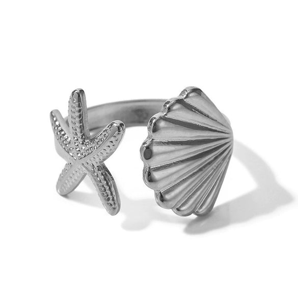 Women's Titanium Steel Ocean Life Starfish Shell Jewelry Set With 18K Gold Plated Electroplating And O Chain