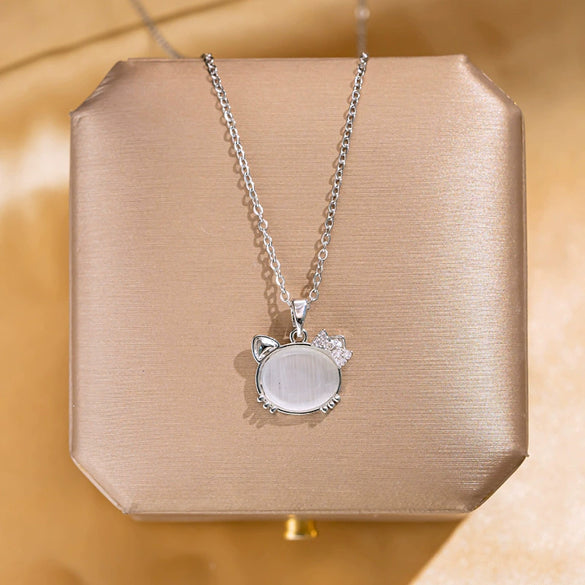 Women's Titanium Steel Ochain Necklace With Cat's Eye Pendant And Mixed Gem Inlay And Diamond Design Animal Style