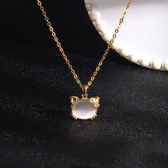 Women's Titanium Steel Ochain Necklace With Cat's Eye Pendant And Mixed Gem Inlay And Diamond Design Animal Style