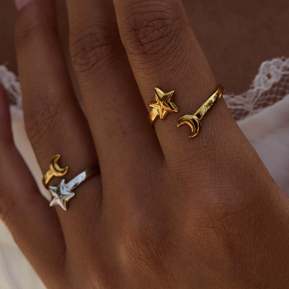 Women's Titanium Steel Open Ring With Geometric Star Moon Design And 18K Gold Electroplating