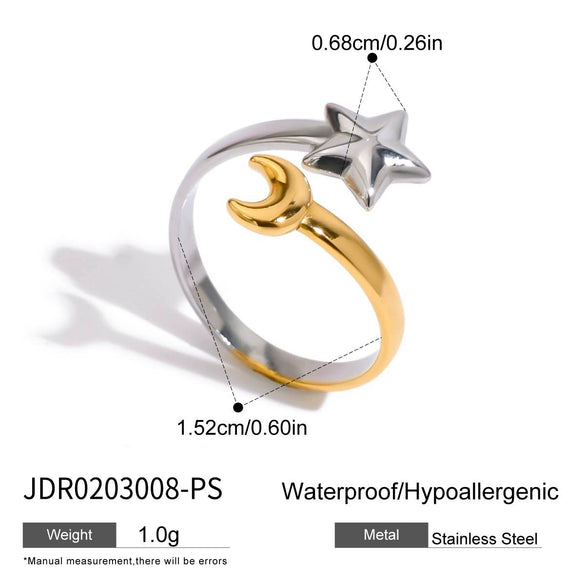 Women's Titanium Steel Open Ring With Geometric Star Moon Design And 18K Gold Electroplating